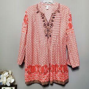 Style & Co Tunic Top Size 10 Orange Brown Embroidered Beaded Boho Hippie Gypsy